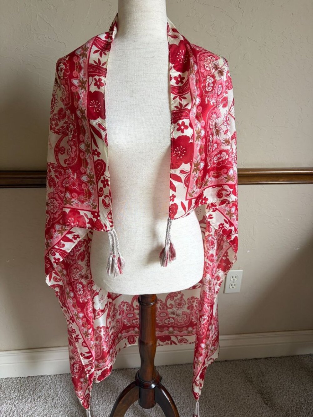 Johnny Was Red Floral Silk Tassel Large Square Scarf